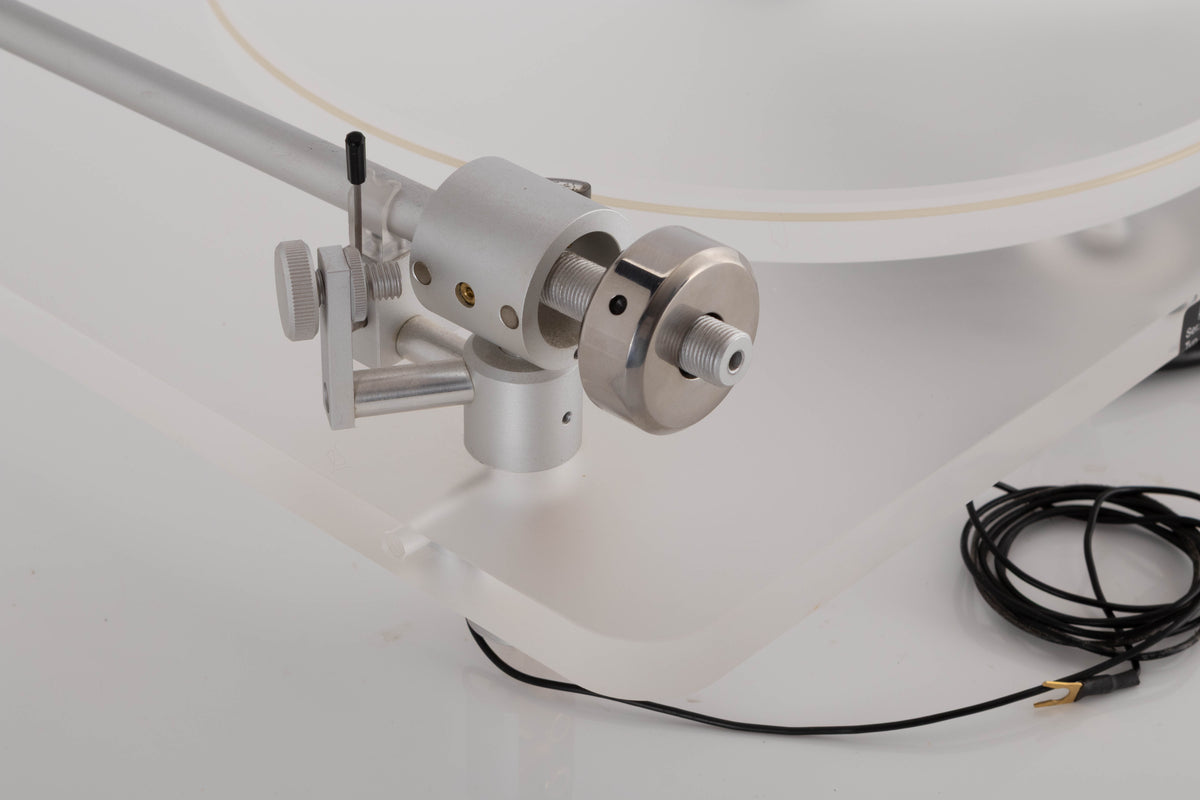 Rear left corner view of a used ClearAudio Emotion Turntable with AT-VM95C Cartridge