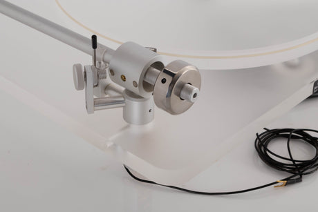 Rear left corner view of a used ClearAudio Emotion Turntable with AT-VM95C Cartridge