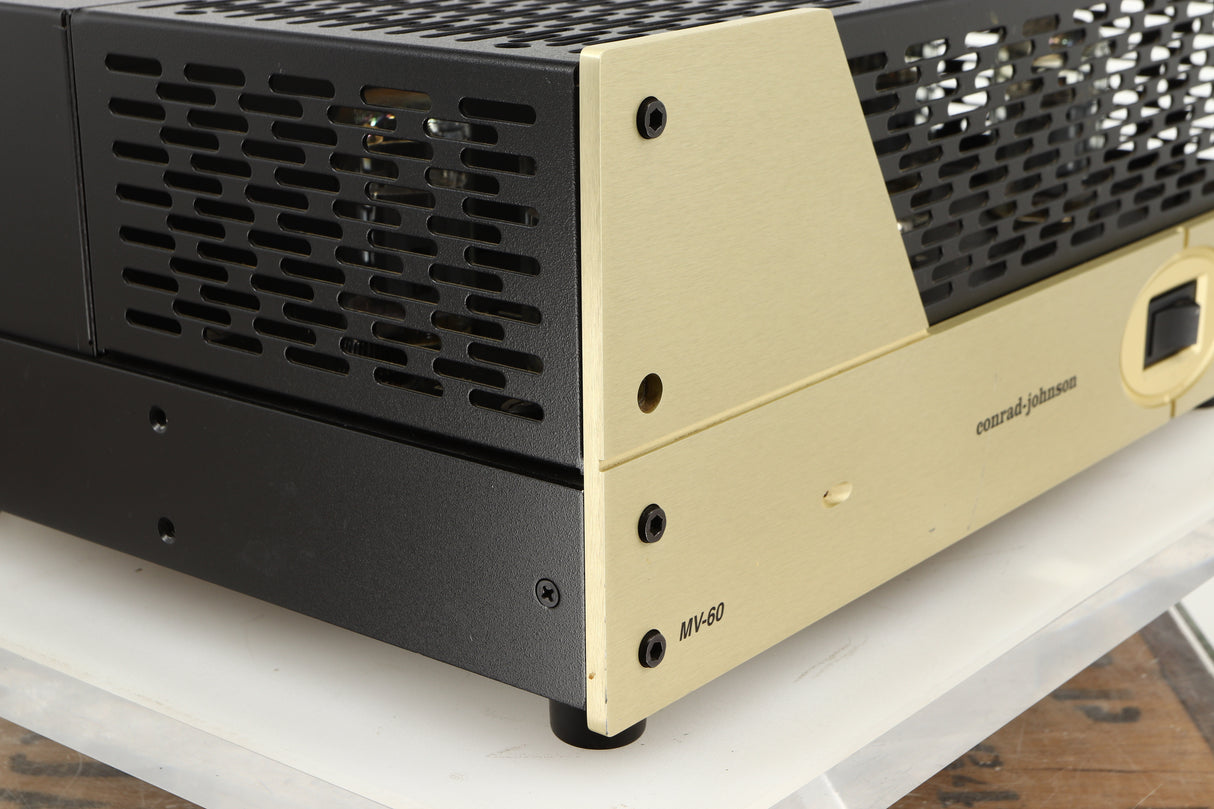 Front left corner of a used Conrad Johnson MV60SE Power Amplifier