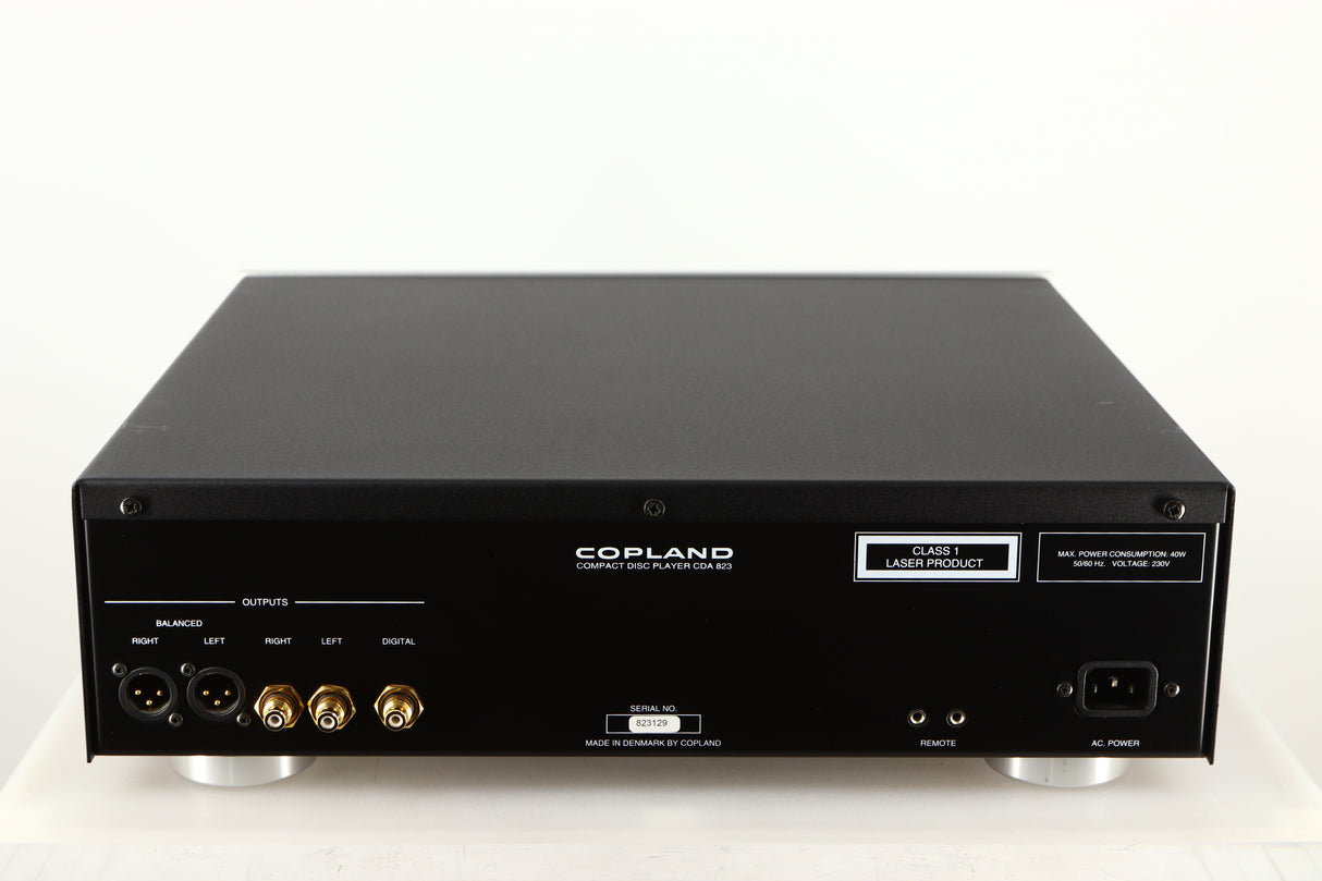 Rear view of a used Copland CDA823 CD Player in a silver finish showing Mains Input, XLR Outputs and Phono Outputs