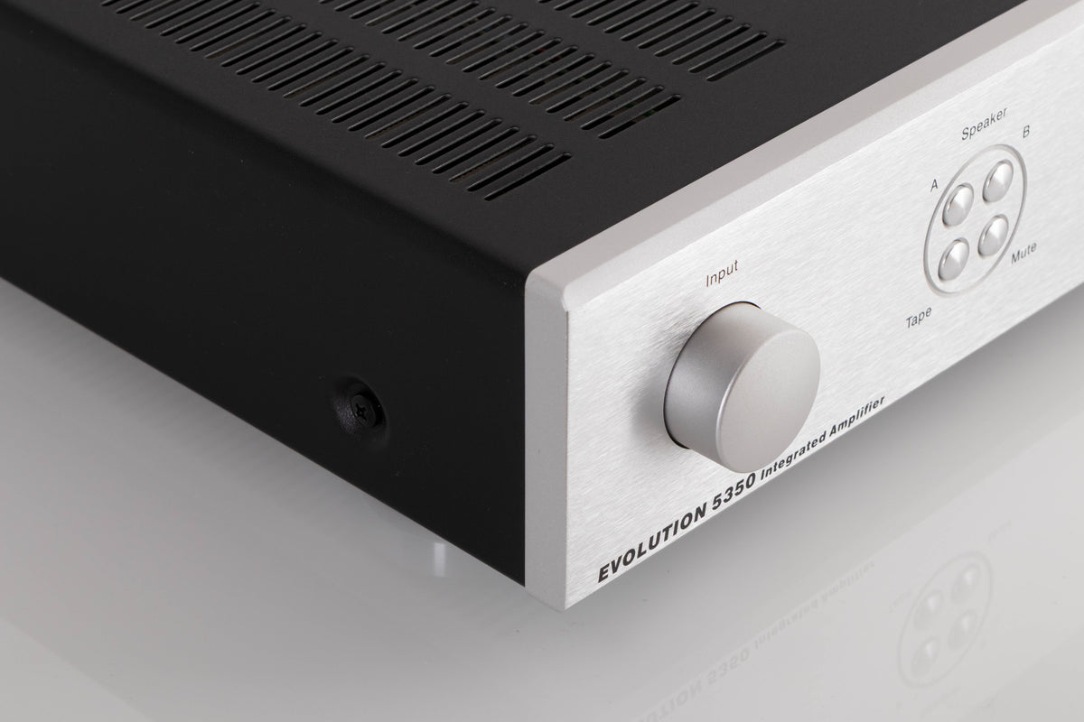 Front left corner view of a used Creek 5350 Evolution Integrated Amplifier in Silver