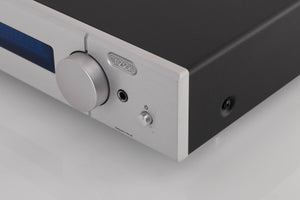 Front right corner view of a used Creek 5350 Evolution Integrated Amplifier in Silver