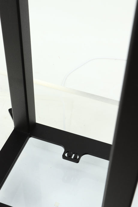 Close up of a used Custom Design QS104 Speaker Stand in a black finish showing the logo