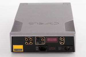 Rear view of a used Cyrus CD8X CD Player in a Quartz Silver finish showing Mains Input, Phono Input, Phono Outputs, Optical Output and Coaxial Output