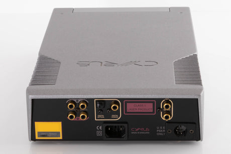Rear view of a used Cyrus CD8X CD Player in a Quartz Silver finish showing Mains Input, Phono Input, Phono Outputs, Optical Output and Coaxial Output