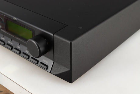 Front right corner of a used Cyrus Classic Phono Phonostage in a brushed black finish