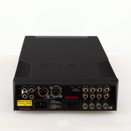 Rear view of a used Cyrus Classic Phono Phonostage in a brushed black finish showing Phono Inputs and Outputs and Mains Input
