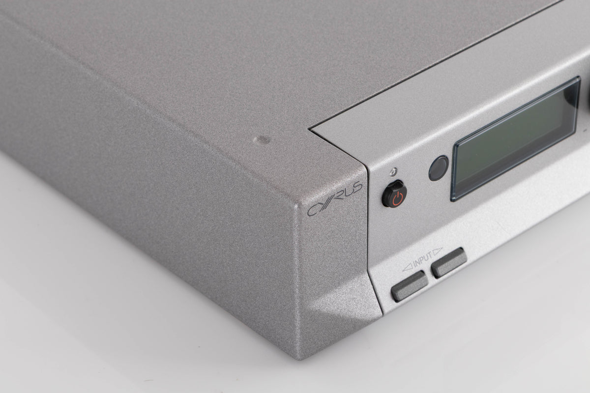 Front left corner of a used Cyrus DAC X Digital Analogue Converter in a Quartz Silver finish