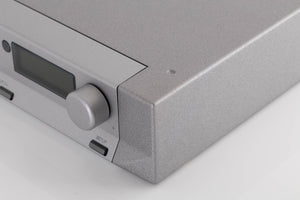 Front right corner of a used Cyrus DAC X Digital Analogue Converter in a Quartz Silver finish