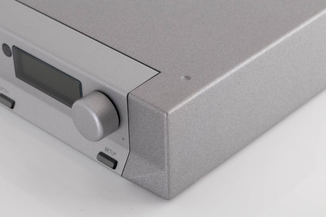 Front right corner of a used Cyrus DAC X Digital Analogue Converter in a Quartz Silver finish