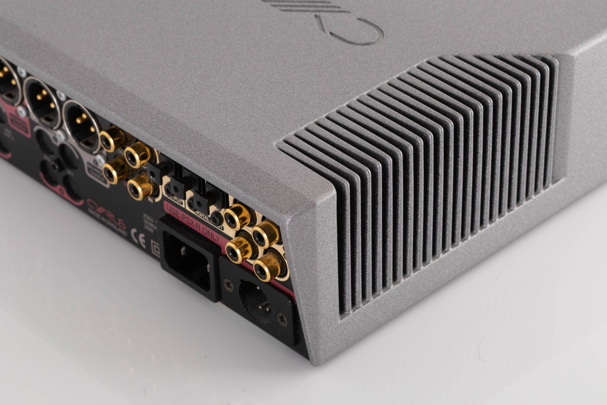 Rear left corner of a used Cyrus DAC X Digital Analogue Converter in a Quartz Silver finish