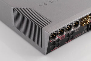 Rear right corner of a used Cyrus DAC X Digital Analogue Converter in a Quartz Silver finish