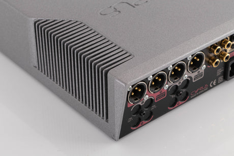 Rear right corner of a used Cyrus DAC X Digital Analogue Converter in a Quartz Silver finish