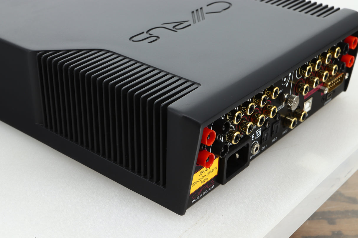 Rear left corner view of a used Cyrus i9-XR Integrated Amplifier in PhBlack finish 