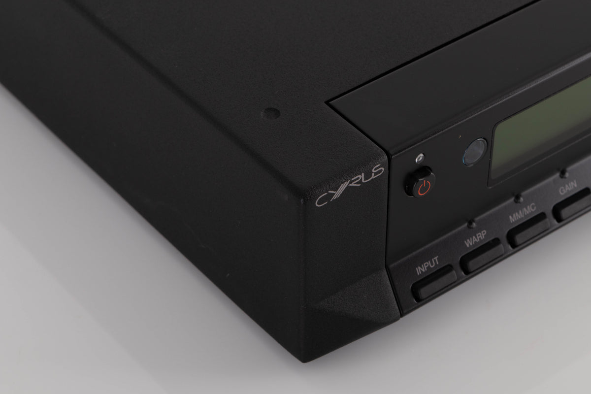 Front left corner of a used Cyrus Phono Signature Phonostage in a Brushed Black finish