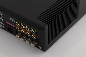 Rear left corner of a used Cyrus Phono Signature Phonostage in a Brushed Black finish