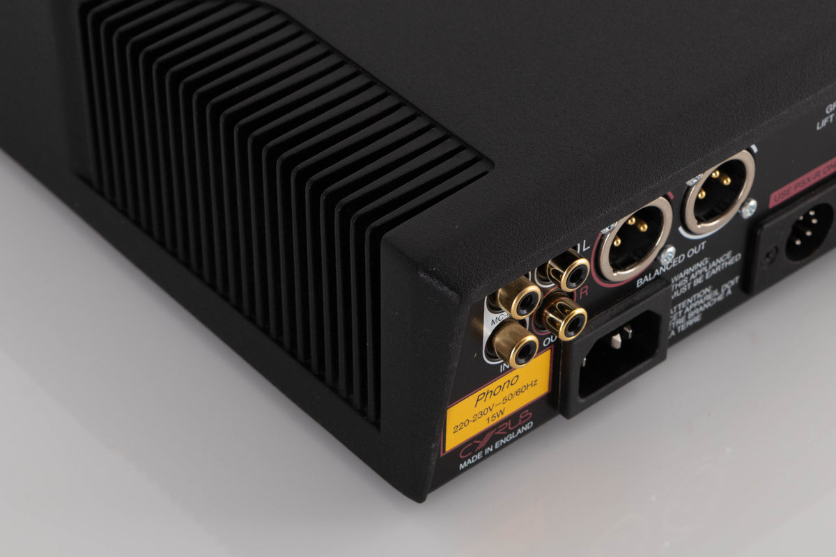 Rear right corner of a used Cyrus Phono Signature Phonostage in a Brushed Black finish