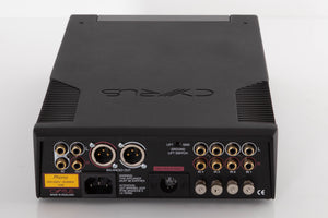 Rear view of a used Cyrus Phono Signature Phonostage in a Brushed Black finish showing Phono Inputs, Phono Outputs, XLR Output and Mains Input