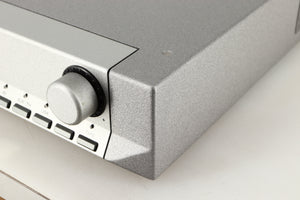 Front right corner of a used Cyrus PRE VS2 Pre Amplifier in a quartz silver finish