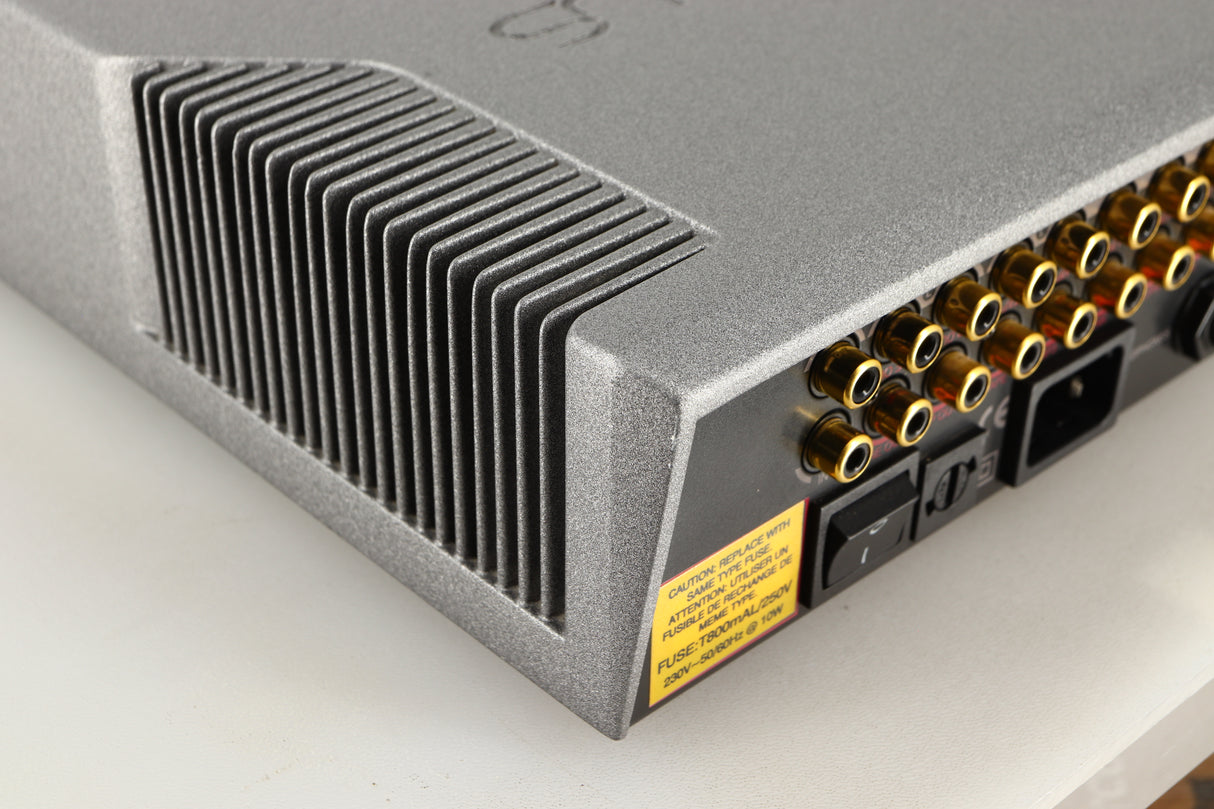 Rear right corner of a used Cyrus PRE VS2 Pre Amplifier in a quartz silver finish