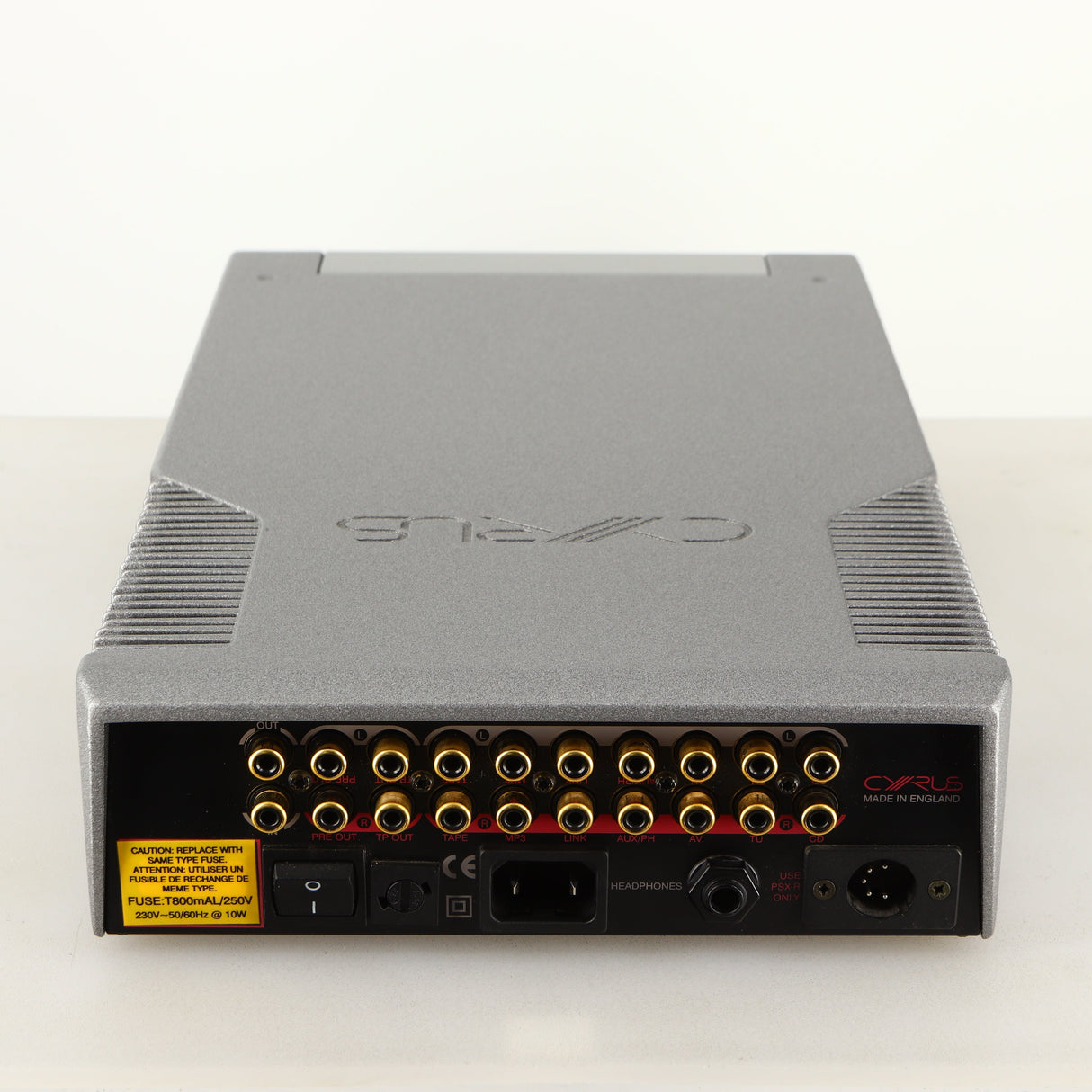 Rear view of a used Cyrus PRE VS2 Pre Amplifier in a quartz silver finish showing Phono Inputs, Phono Outputs and Mains Input