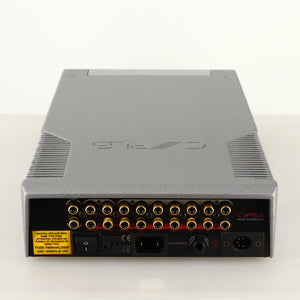 Rear view of a used Cyrus PRE VS2 Pre Amplifier in a quartz silver finish showing Phono Inputs, Phono Outputs and Mains Input