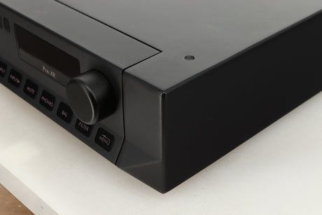 Front right corner view of a used Cyrus Pre-XR Pre Amplifier in PhBlack finish