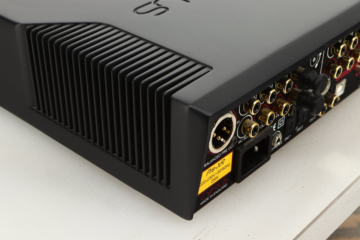 Rear left corner view of a used Cyrus Pre-XR Pre Amplifier in PhBlack finish