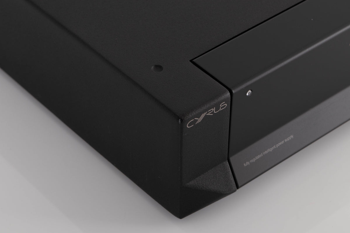 Front left corner of a used Cyrus PSX-R2 Power Supply in a Brushed Black finish