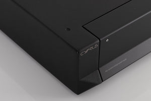 Front left corner of a used Cyrus PSX-R2 Power Supply in a Brushed Black finish