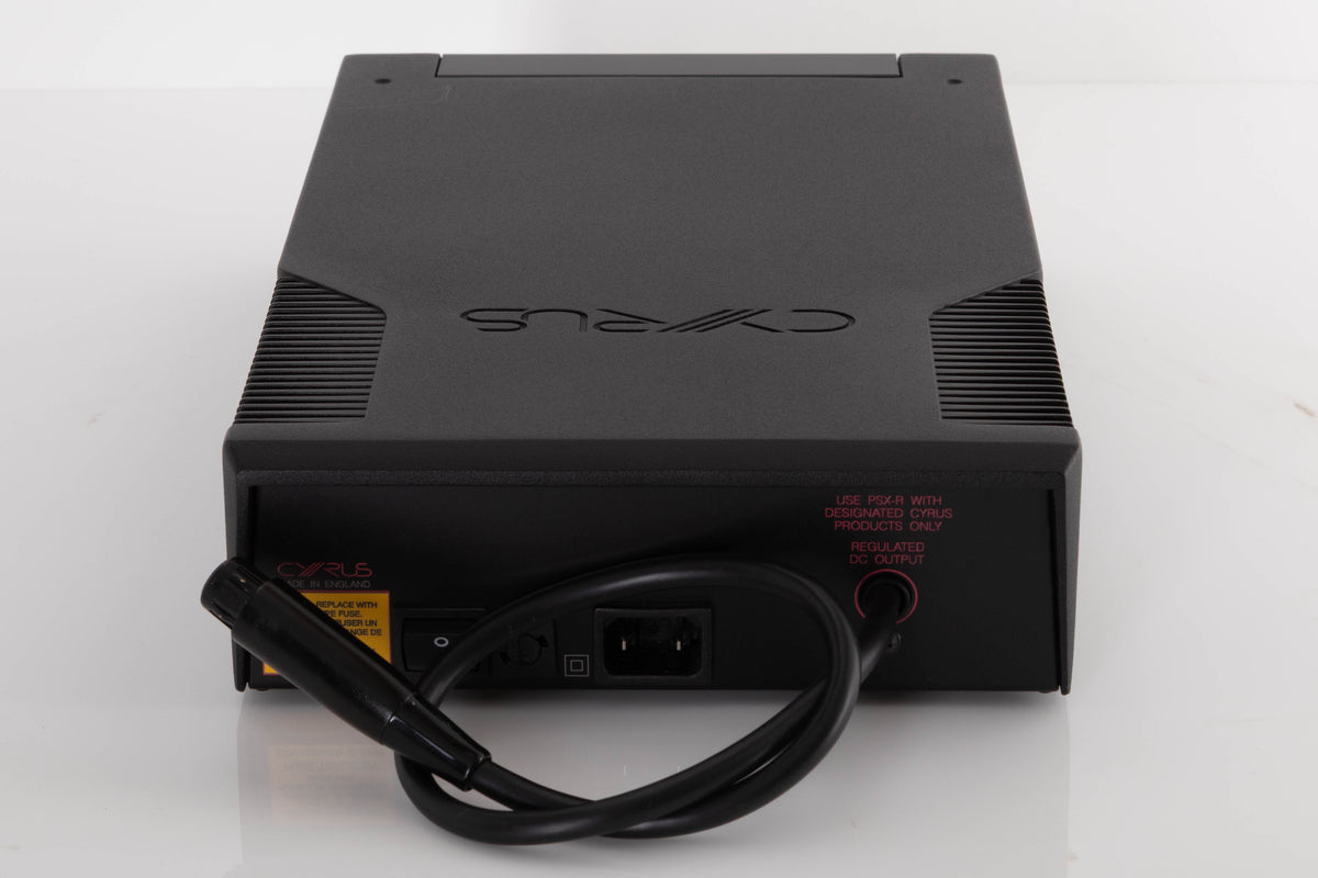 Rear view of a used Cyrus PSX-R2 Power Supply in a Brushed Black finish showing Mains Input