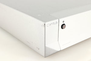 Front left corner of a used Cyrus Q-Power Power Amplifier in a silver finish