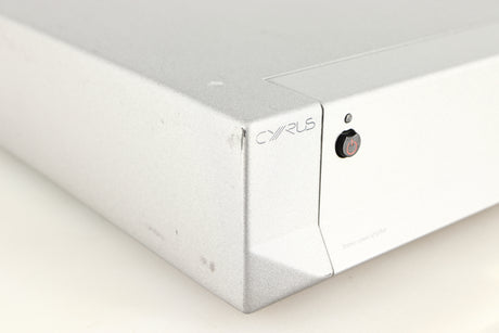 Front left corner of a used Cyrus Q-Power Power Amplifier in a silver finish