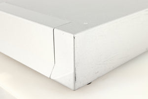 Front right corner of a used Cyrus Q-Power Power Amplifier in a silver finish
