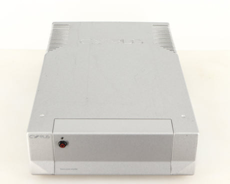 Top of a used Cyrus Q-Power Power Amplifier in a silver finish