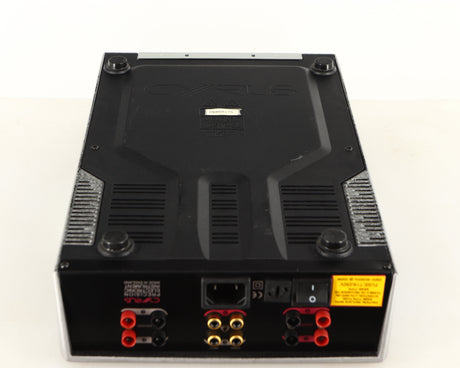 Underside of a used Cyrus Q-Power Power Amplifier in a silver finish