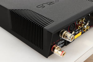 Rear left corner view of a used Cyrus Stereo 200 Power Amplifier in BrBlack finish