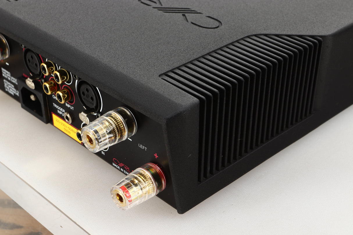 Rear right corner view of a used Cyrus Stereo 200 Power Amplifier in BrBlack finish