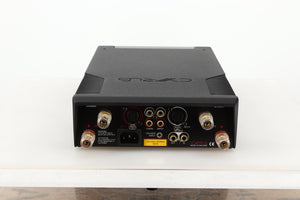 Rear view of a used Cyrus Stereo 200 Power Amplifier in BrBlack finish showing speaker outputs, MC-Bus, mains, and XLR input