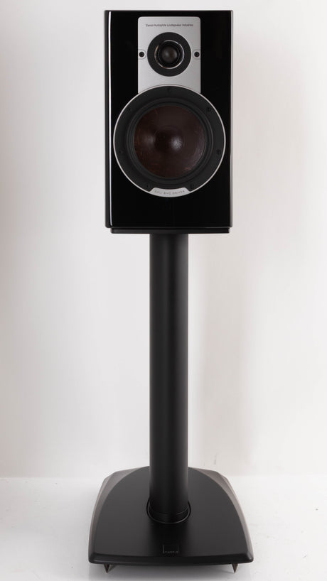 Front view of a used Dali Epicon 2 Standmount Speakers W/ Stands in a Ruby Macassar finish