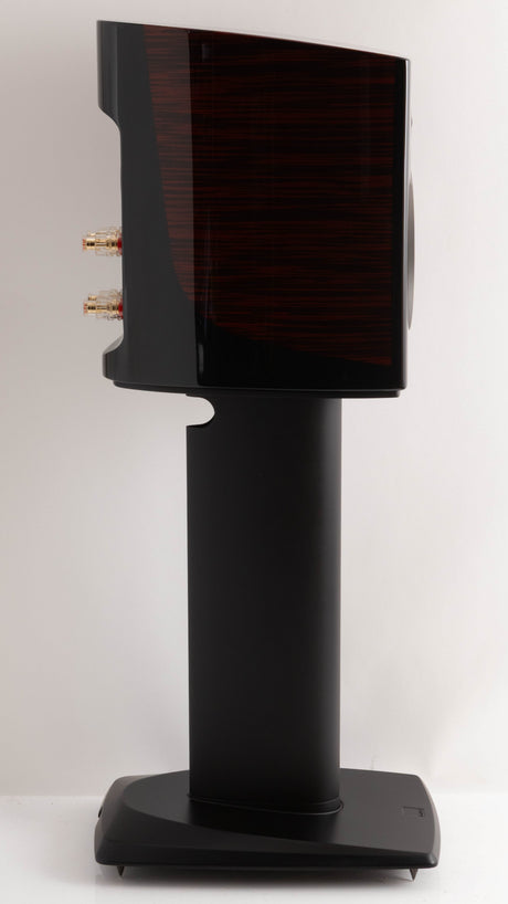 Left side view of a used Dali Epicon 2 Standmount Speakers W/ Stands in a Ruby Macassar finish
