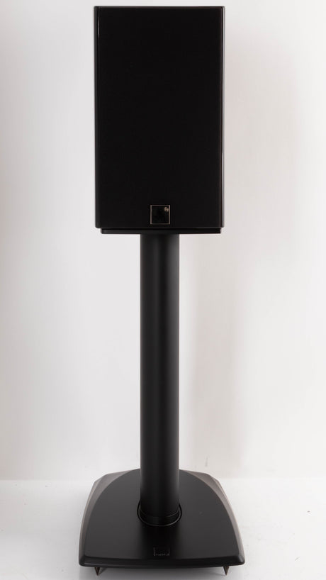 Front view of a used Dali Epicon 2 Standmount Speakers W/ Stands in a Ruby Macassar finish showing Grille
