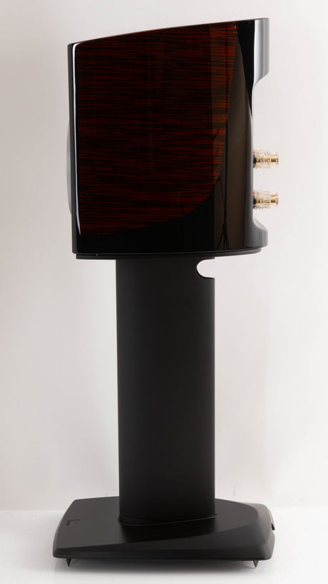 Right side view of a used Dali Epicon 2 Standmount Speakers W/ Stands in a Ruby Macassar finish