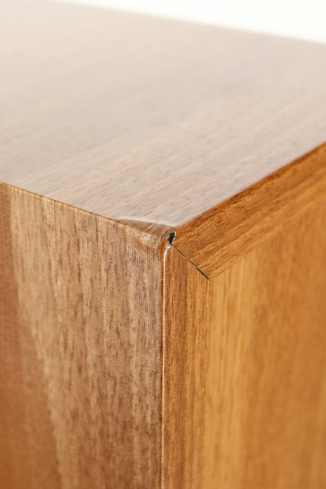 Close up of a used Dali Ikon 5 Floorstanding Speaker in an oak finish showing damage on rear right corner
