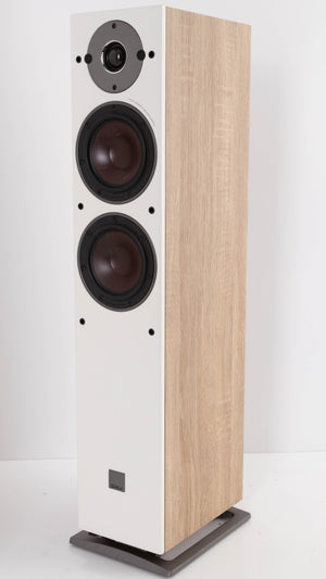Front right corner of a used Dali Oberon 5 Floorstanding Speaker in a Light Oak finish