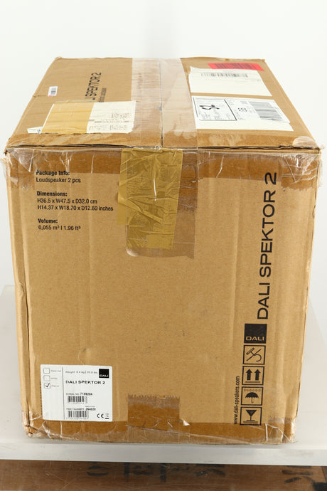 Box of a pair of used Dali Spektor 2 Standmount Speakers in Walnut