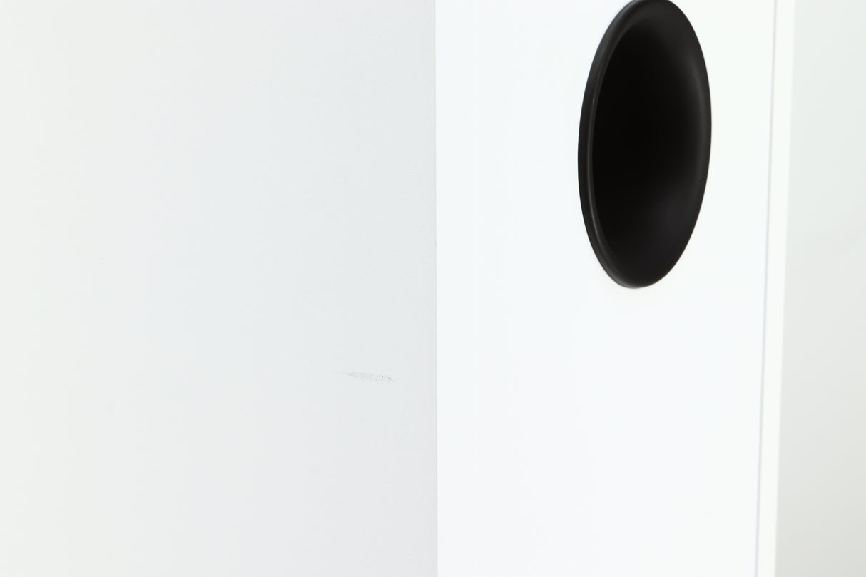 Close up of a used Dali Zensor 3 Standmount Speaker in a satin white finish showing a scratch