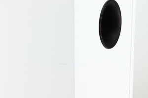 Close up of a used Dali Zensor 3 Standmount Speaker in a satin white finish showing a scratch