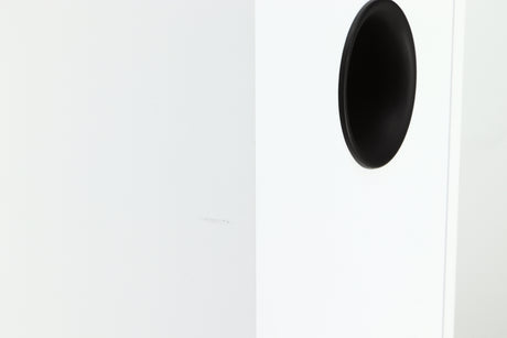 Close up of a used Dali Zensor 3 Standmount Speaker in a satin white finish showing a scratch
