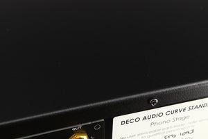 Close up of a used Deco Audio Curve MM Phonostage in a black finish showing scratch on top
